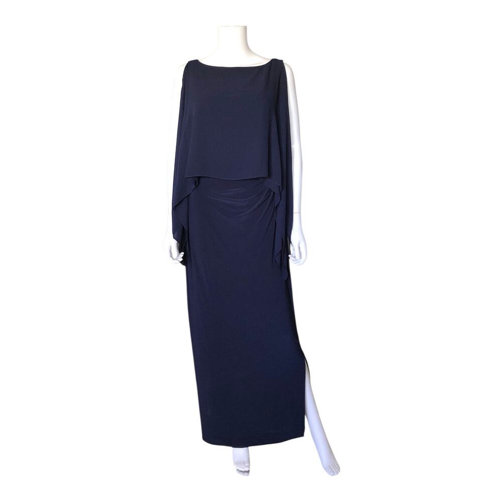 Lauren Ralph Lauren Dress Womens 8 Navy Maxi Draped Overlay Side Slit Formal
